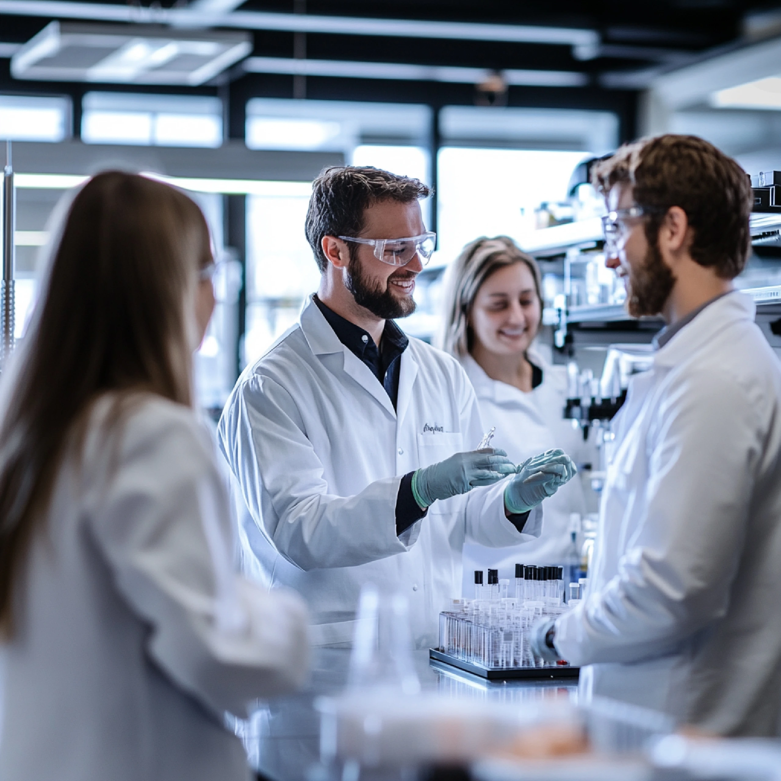 Médicos compartiendo ideas de un estudio en el laboratorio